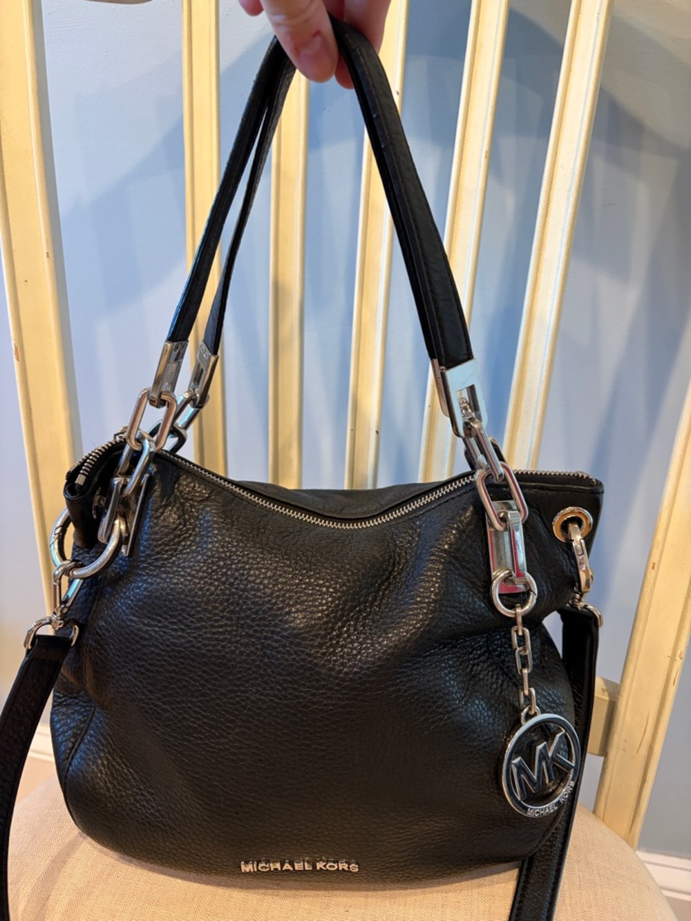 Michael Kors Black Pebbled Leather Brooke Shoulder Bag with Silver Hardware